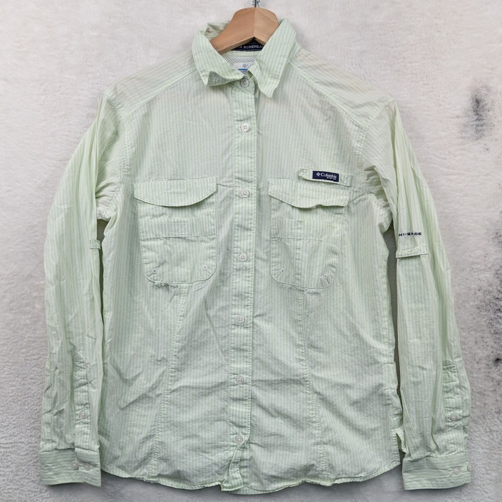 Columbia Button Down Shirt Men's S Green PFG Bonehead Seersucker Fishing Outdoor